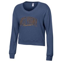 Vintage navy WVU women's slouchy v-neck pullover with arched West Virginia over script Mountaineers full front screenprint